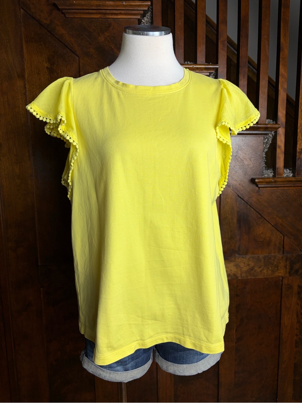 Kate Spade New York Bright Yellow Flutter Sleeve Tee Pom Pom Trim L